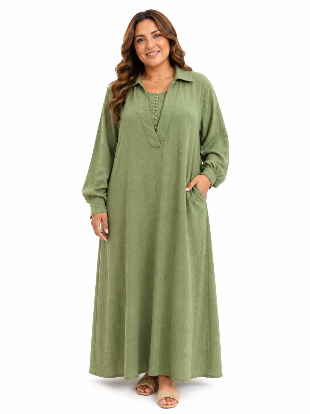 Dress with small buttons.