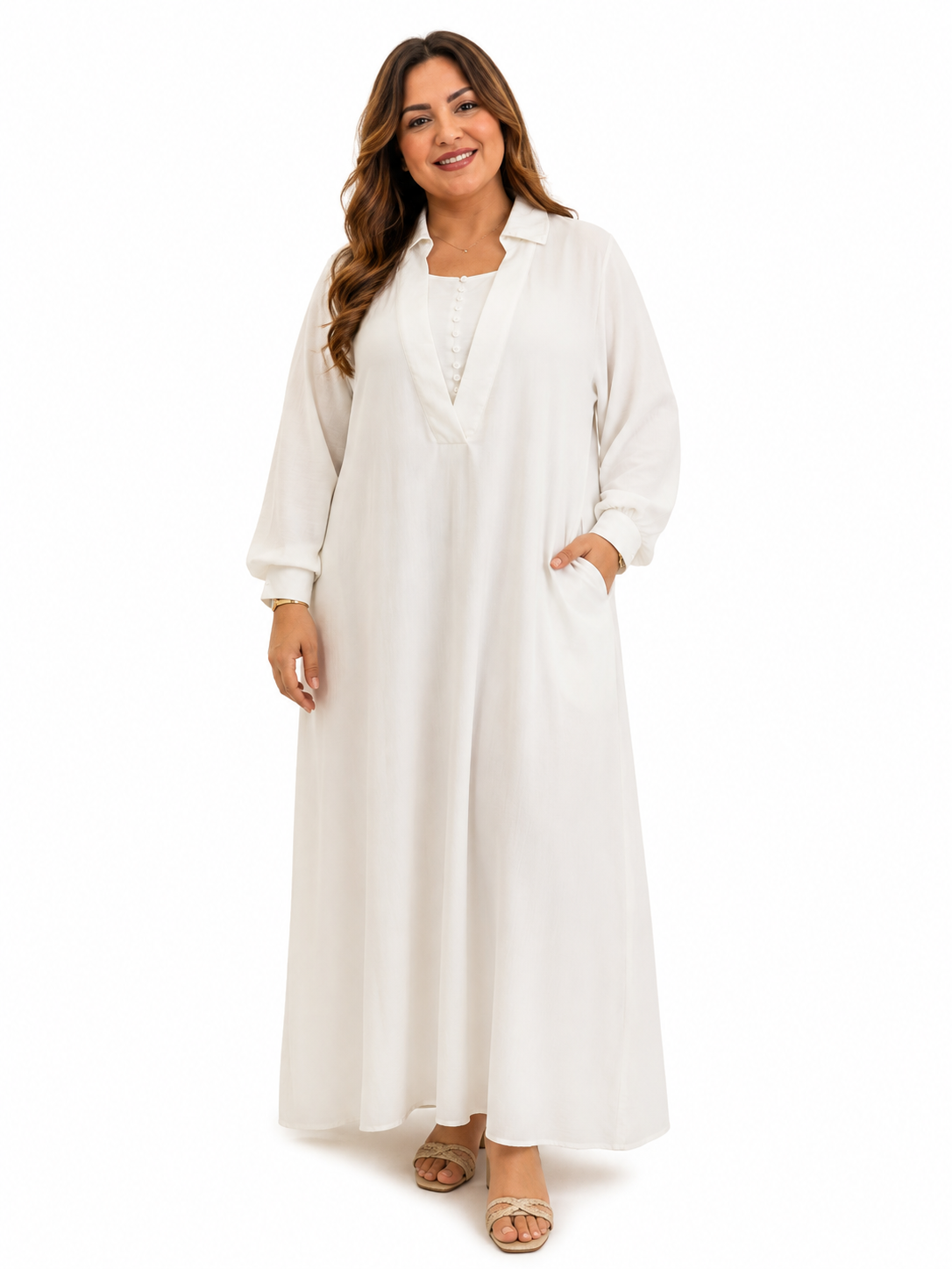 Dress with small buttons.