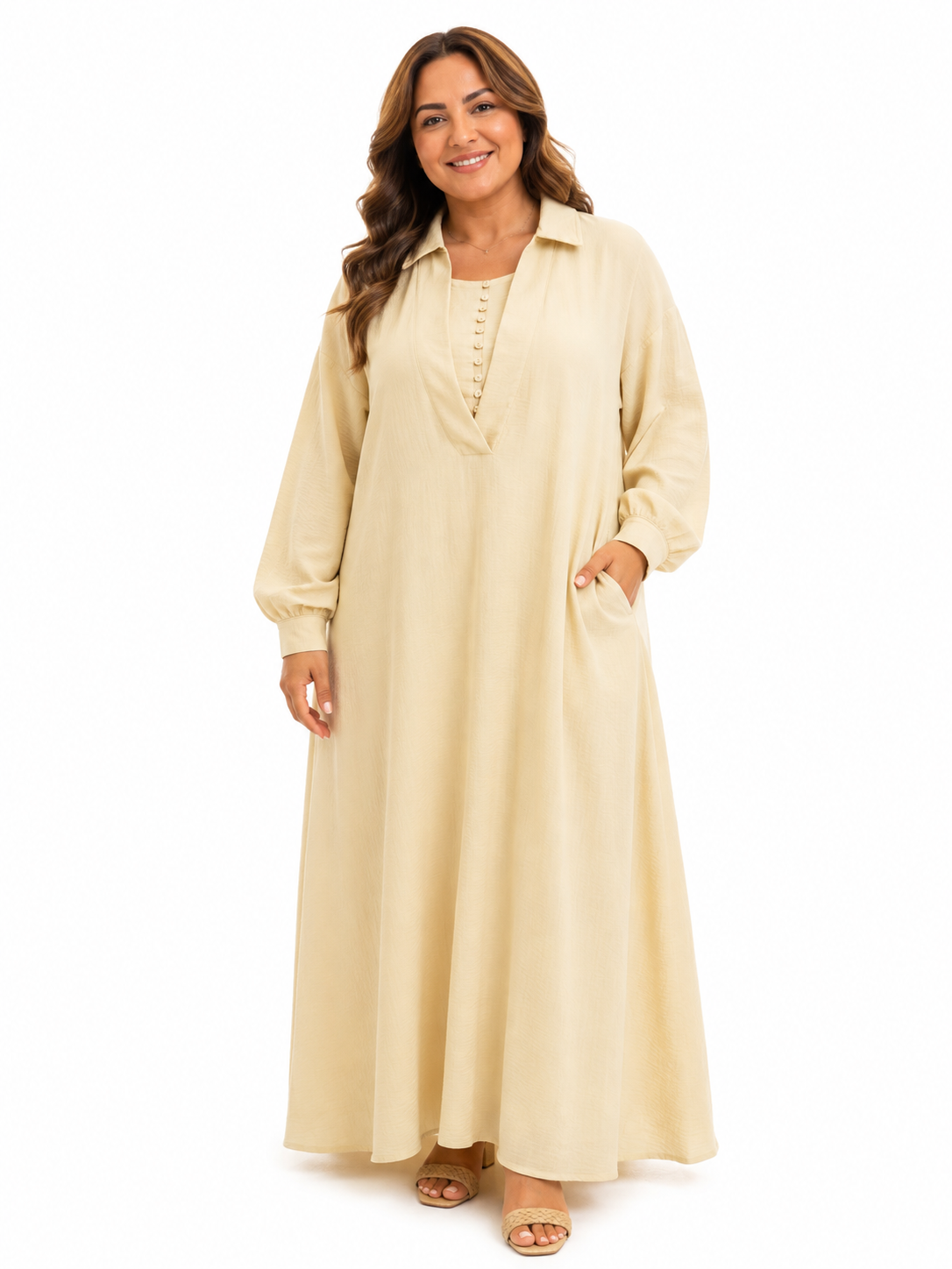 Dress with small buttons.