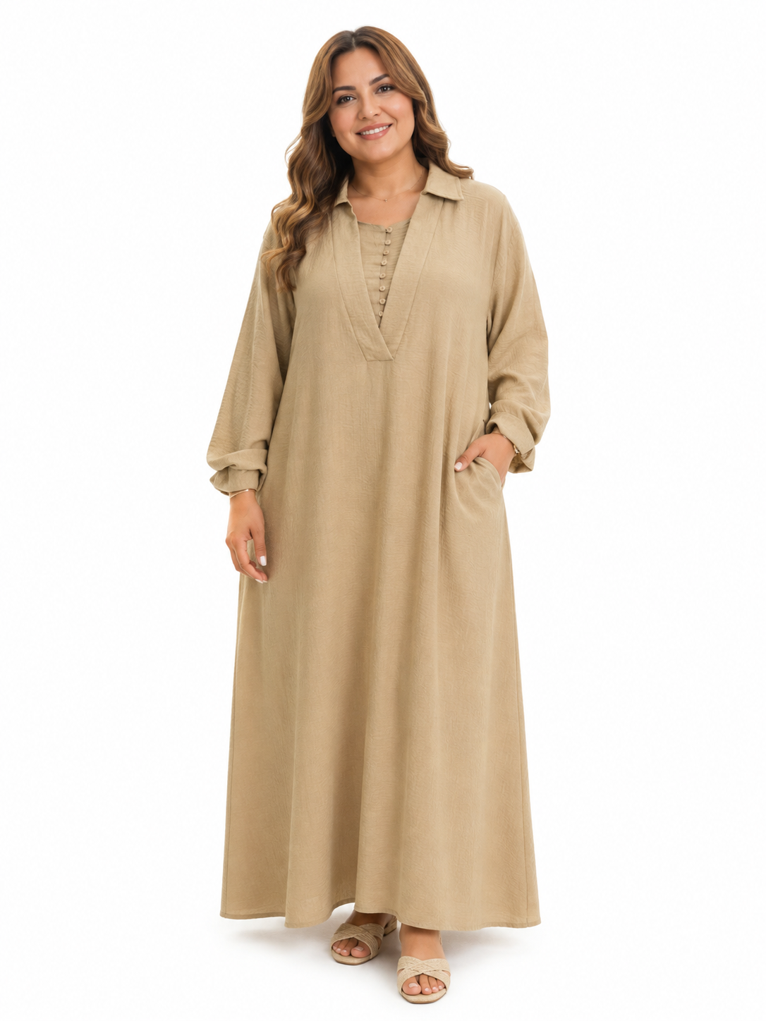 Dress with small buttons.